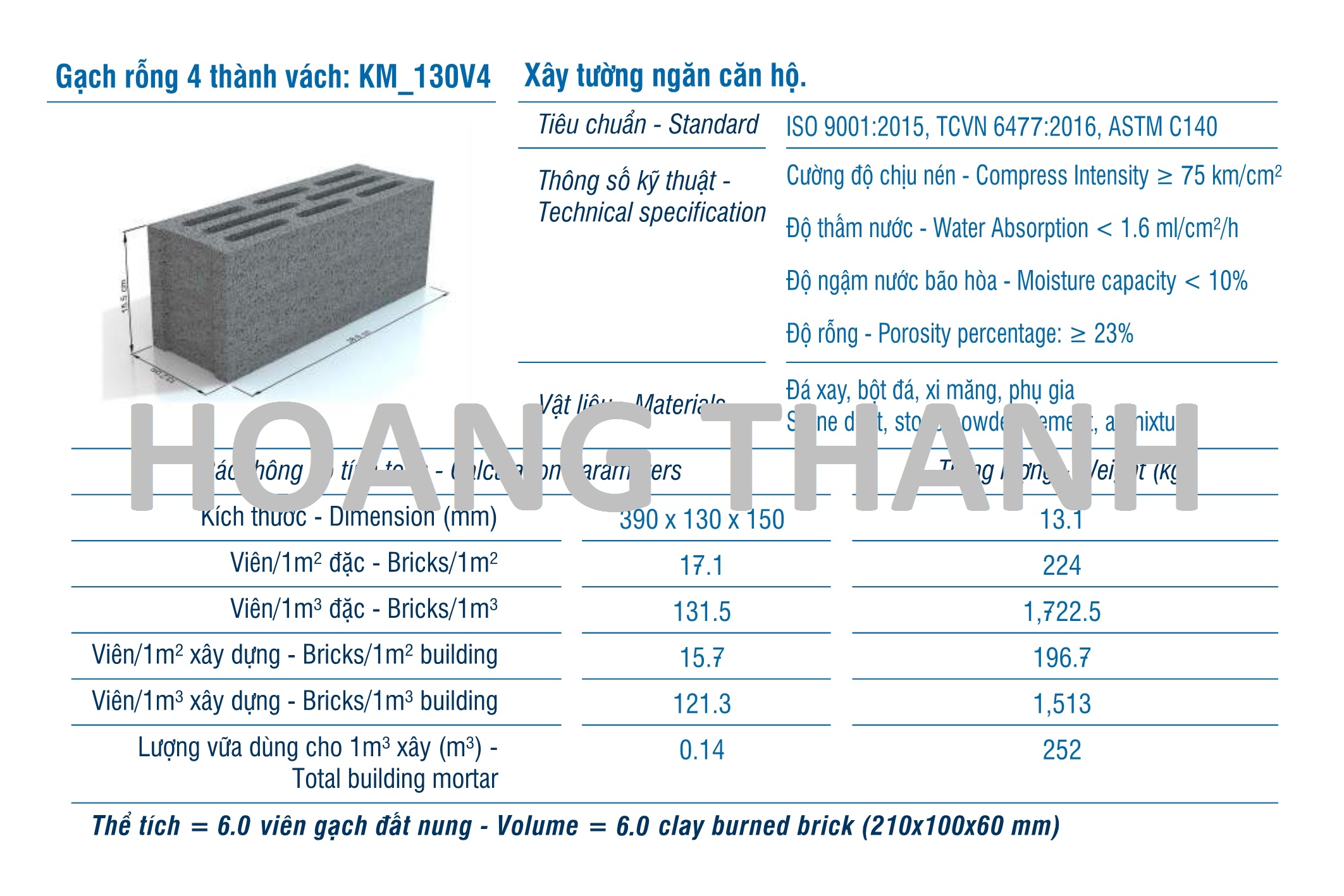 Gạch XMCL cao 150mm xây tường rỗng 150mm